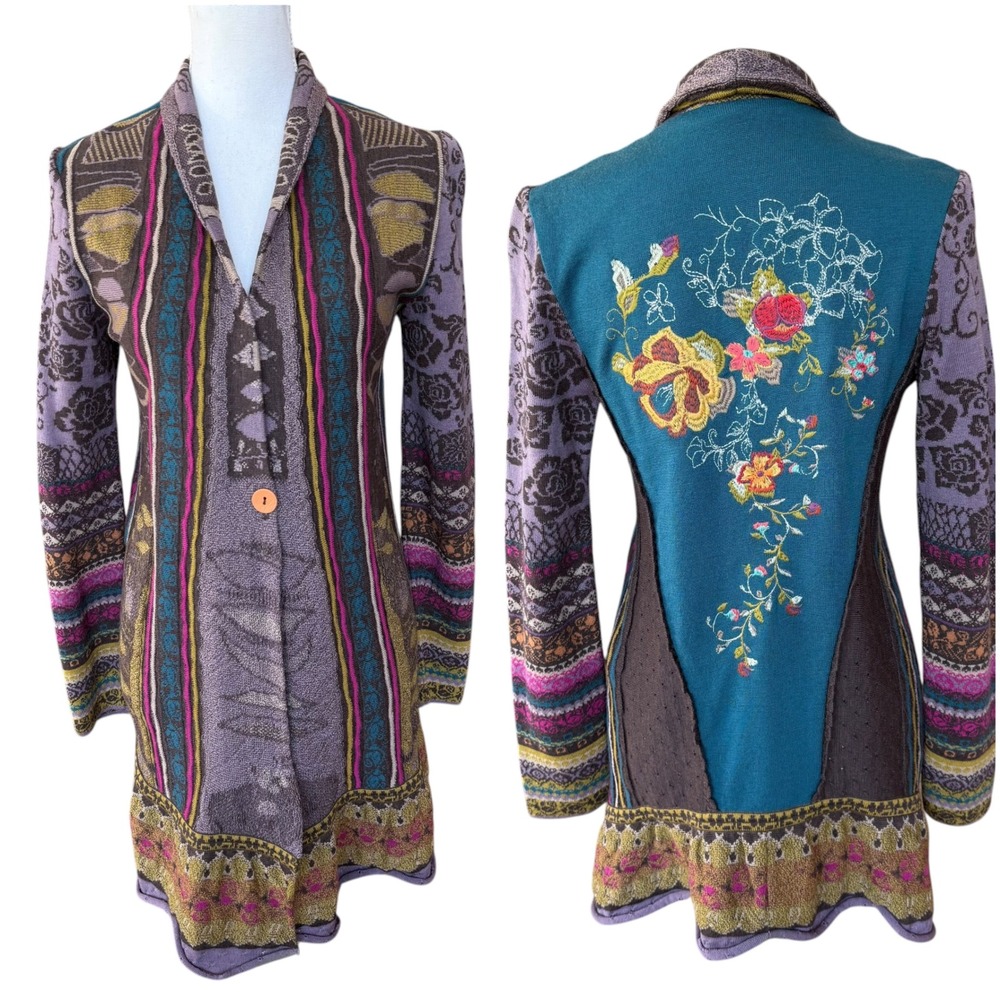 IVKO Woman 100%‎ Wool Embroidered Wrapover Jacket Cardigan Brown Purple 38